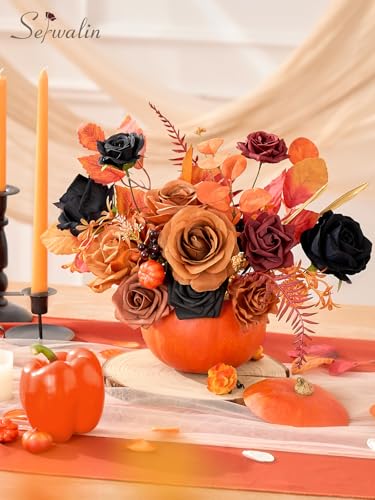 Serwalin Artificial Orange & Black Flowers, Silk Fake Flowers, Autumn Faux Flowers for Wedding Bouquet, Table Centerpieces, Home Decor - color: Orange & Black, size: Square
