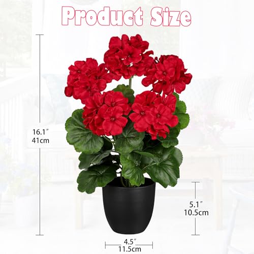 Briful 16” Geraniums Artificial Flowers Realistic Potted Plant – Red Fake Geraniums for Outdoors, Artificial Outdoor Plants for Indoor Home Decor, Farmhouse Table Centerpiece Decoration - color: 16'' Tall Red
