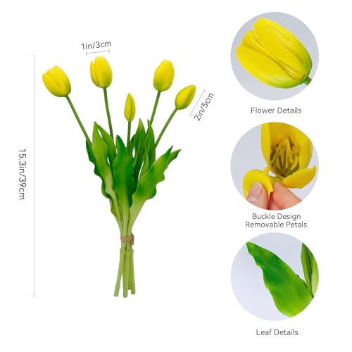4 Budles (20Pcs) Yellow Tulips Artificial Flowers 13" Latex Fake Flowers for Wedding Home Decor(Yellow) - color: Yellow