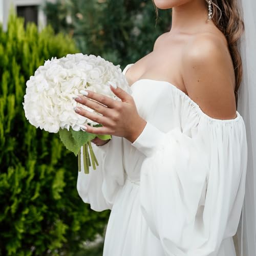 IPOPU 6PCS Real Touch Hydrangea Artificial Flowers White Fake Hydrangeas with Short Stem Latex Faux Flowers for Home Table Centerpieces Decor Floral Arrangements Wedding Bouquets Centerpieces (White) - color: White