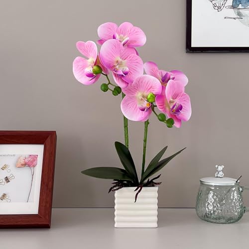 Artificial Pink Orchid Plant with White Vase, 14 Inches Tall, Realistic Orchid Artificial Flowers for Home Decor - color: Pink