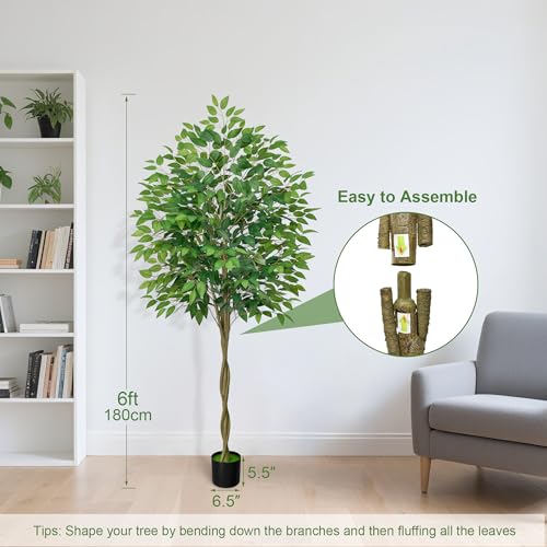 Artificial Ficus Tree with 3 Natural Curved Trunks, 6FT Tall Faux Ficus Tree in Sturdy Plastic Nursery Pot, Faux Plant for Office Home Living Room Farmhouse, Indoor Outdoor Decor