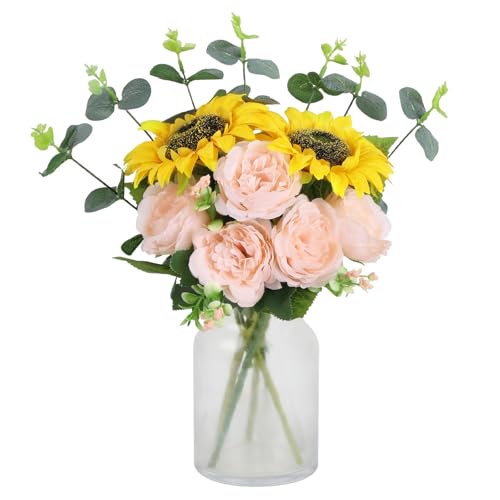 Artificial Sunflowers Mixed Fake Silk Roses Faux Peony Flowers Bouquet with Eucalyptus Stems for Spring Wedding Bride Home Table Centerpiece Farmhouse Decor(Pink) - color: Pink