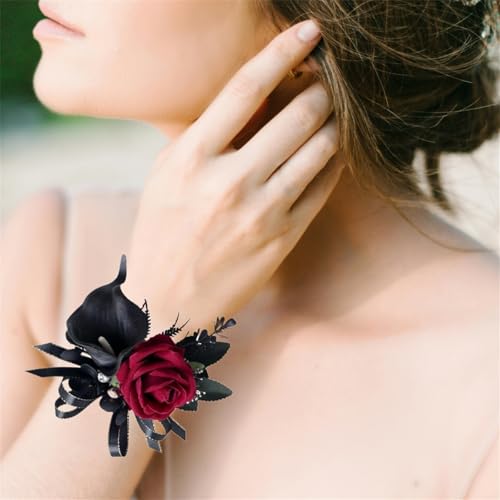 Black Burgundy Corsage and Boutonniere Set Artificial Calla Lily Rose Flower Wrist Corsage for Girl Mother Bride Bridesmaid Boutonniere for Best Men Groom Groomsmen for Wedding Party Homecoming Prom - color: Black Burgundy Corsage and Boutonniere