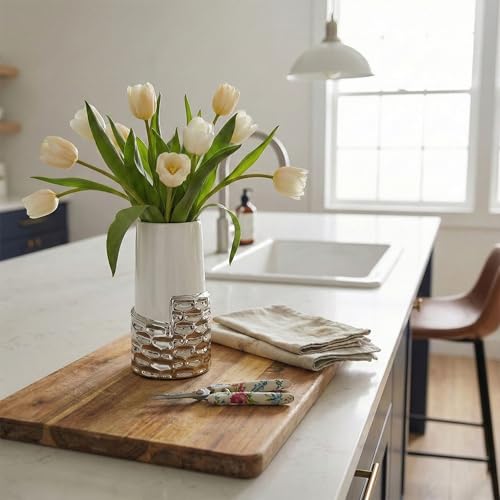 LCCCK 7.0" Silver Hammered Vase Home Decor, Elegant Ceramic White and Silver Flower Vase for Pampas Grass Decorative, Boho Small Cylinder Vases Centerpiece, Dining Table Living Room Jarrones Art - color: White and Silver