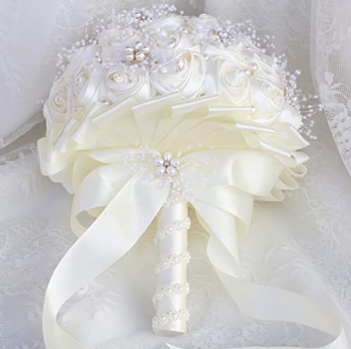 Ivory Bridal Wedding Bouquet Handmade with Rhinestone Pearl Ribbon Satin Rose Flower Bouquet for Bride Bridesmaid Quinceanera Bouquet Wedding Ivory 8.7in - color: Ivory (Standard Size: Dia.8.7")