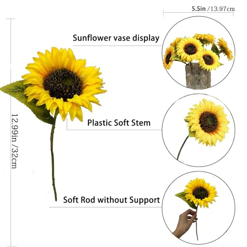 12PCS Sunflowers Artificial Flowers Silk Flower with Plastic Soft Rod Stems Yellow Sunflower Bridal Wedding Bouquet Decorations for Home Wedding Party Birthday Bulk Dark Center Single