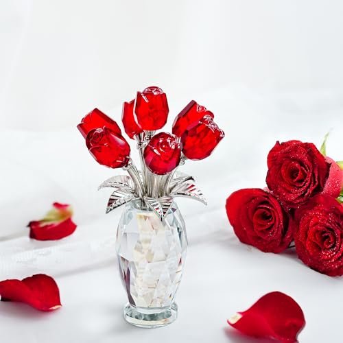 H&D HYALINE & DORA Crystal Rose Flower Figurine,Glass Flower Bouquet Ornament,Glass Rose Gift for Christmas Mother's Day Valentine's Wedding Party - color: Red 1
