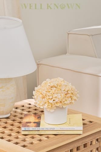Fake Silk Hydrangea Flowers in Vase, Artificial Flowers with White Ceramic Vase, Small Potted Floral Arrangement for Home Kitchen Counter Vanity Coffee Table Centerpiece Bathroom Decor (Champagne) - color: Hydrangea, Champagne
