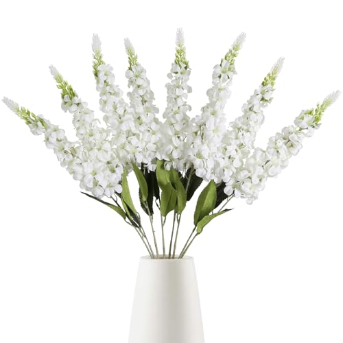 IPOPU 8PCS White Snapdragon Artificial Flowers Delphinium Artificial Silk Flowers Long Stem Hyacinth Fake Flowers for Wedding Home Outdoor Party Floral Arrangement Centerpiece Table Decoration (White) - color: White
