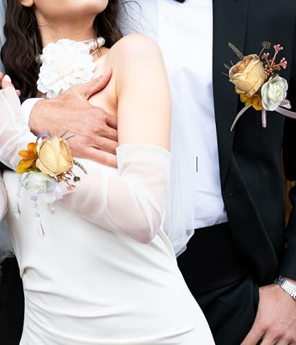 Corsage and Boutonniere Set Corsage Wistlet Burnt Orange Corsage Wrist Artificial Flower Perfert for Proms | Weddings for Bride,Bridesmaids, Groom,Groomsmen Decor (Burnt Orange) - color: Burnt Orange