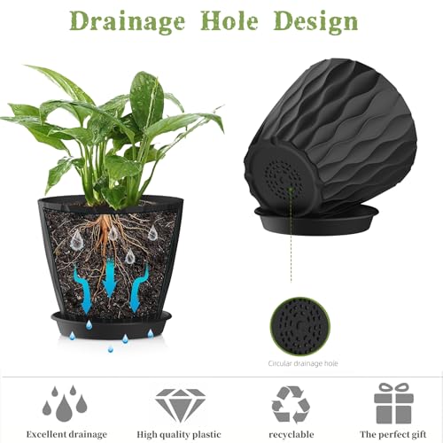 5 Inch Planter Pots, 6 Pack Indoor Planters, Small Flower Pots with Drainage Holes and Tray for Succulents, Orchids, Herbs and Other Indoor Plants,Black - color: Black, size: 5inch