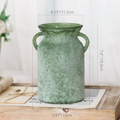 SHMILMH Glass Flower Vase with Handle – 8 Inches Rustic Imitation Ceramic Vase for Flowers, Vintage White Green Centerpiece Decor for Farmhouse, Modern Home, Table & Holiday Decorations - color: White Green