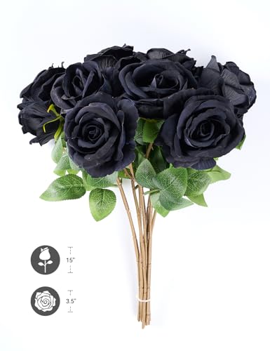 PONKING 3.5"(9cm) Rose Artificial Flower 12pcs Realistic Faux Silk Roses Fake Flowers Bouquets Arrangements Decor for Wedding Mother's Day, Home Table Christmas Valentine Decorations, Black Flower - color: D 12pcs Black Rose