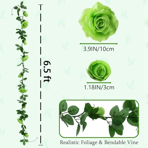 Felice Arts 2 Pack Light Green Flower Garland 6.5FT Artificial Rose Vine | Fake Floral Garland Hanging Spring Garland for Wedding St.Patrick's Day Swing Table Home Party Decor - color: Light Green