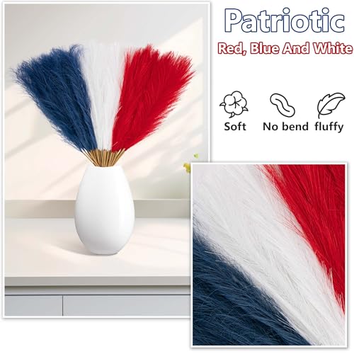 Watayo 45 Pcs Patriotic Faux Pampas Grass Decor, 17" Fluffy 4th of July Artificial Pompous Grass Vase Filler, Red White and Blue Fake Pampas Stems Branches for Independence Day Memorial Day Decoration