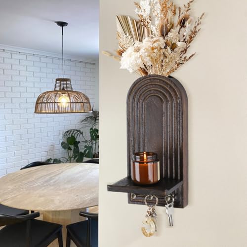 3-in-1 Wooden Wall Organizer - Planter Vase + Candle Sconces + Hooks (No Dried Flower)- Farmhouse Hanging Decor Boho Wall Art for Indoor Plants Artificial Eucalyptus for Living Room Bedroom Brown - color: Brown