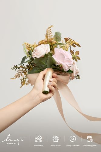 Ling's moment Artificial Bridesmaid Bouquets Set of 6,Sand Beige Wedding Flower Bouquets Pink Floral Bouquet Bridal Bouquets with Ribbon,Ceremony,Anniversary,7-inch Diameter - color: Pk-sand Beige