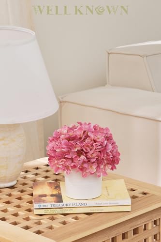 Pink Hydrangea Fake Flowers in Vase, Spring Artificial Flowers with White Ceramic Vase, Small Faux Potted Floral Arrangements for Home Bathroom Kitchen Vanity Shelf Coffee Table Centerpiece Decor Gift - color: Hydrangea, Pink