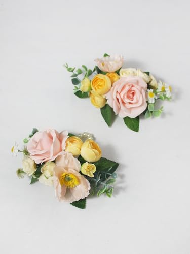 Rinlong 2Pcs Pastel Pink Wrist Corsage for Wedding, Prom, Homecoming | Bridesmaid Wristlet, Mother of the Bride Flower Corsage - color: 17-yellow Pink