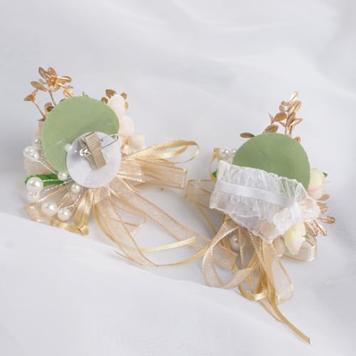 Alizeal 2Pcs of Wrist Corsage and Boutonniere Set, Artificial Flowers Accessories Suit Decor for Wedding Prom Party Homecoming Ceremony, White+Champagne - color: 701-white+champagne