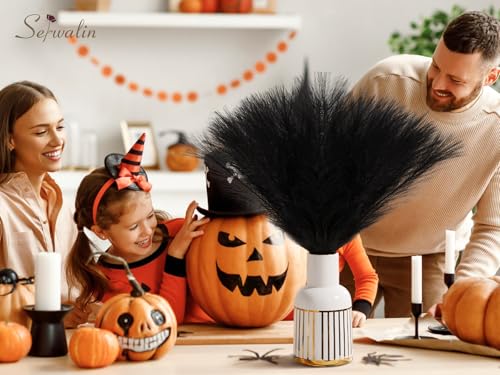 Serwalin 60Pcs Black Pampas Grass Decor, 17.7'' Faux Pampas Grass, Fluffy Short Artificial Pompous Grass for Gothic Room Decoration, Wedding, Party, Halloween and Home Decor - color: F Black