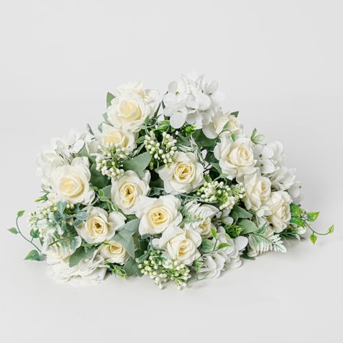 Artificial Flower 4 Packs 5 Branches Silk Fake Flowers Bouquet Small Roses for Wedding Home Office Tables Decor (White) - color: White-1