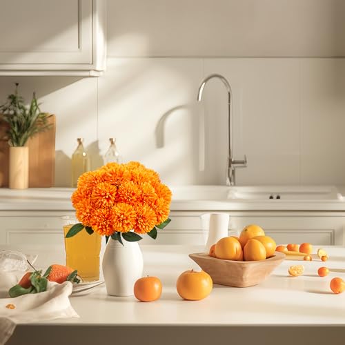 SITUMEIZI 12 Pcs Orange Artificial Chrysanthemums Flowers Ball Flower Fake Mums Silk for Fall Decor Halloween Thanksgiving Day Wedding Home Kitchen Decoration Floral Arrangement - color: Orange, size: 12 Pieces