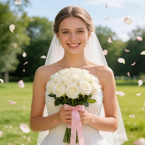 15PCS Artificial Flowers Fake Roses, Silk Artificial Ivory White Roses with Stems Realistic Bouquets for Wedding Centerpiece Valentines Day Decorations Home Decor Party Crafts DIY - color: White
