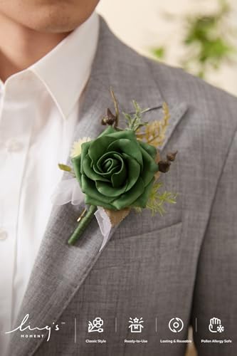 Ling's moment Boutonniere for Men, 6pcs Groom Groomsmen Boutonniere, Artificial Flowers for Wedding Decor/Prom/Homecoming, etc.Emerald Green Beige - color: Grn-emerald Green & Beige