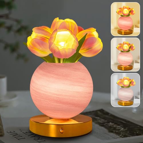 Tulip Table Lamp, Rechargeable Cordless Touch Dimming Artificial Tulip Flower Desk Lamp, LED Flower Bedside Night Light Romantic Gifts for Girl Women Mom (Pink Tulip) - color: Pink Tulip