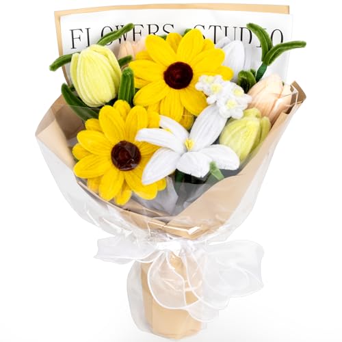 15.7inch Completed Pipe Cleaners Flowers Bouquet, Yellow Handmade Pipe Cleaners Bouquet, 2 Sunflower 1 Lily 6 Tulip 5 Daisy 14 PCS for Valentine’s Day Mother's Day Birthday Anniversary Wedding Decor - color: (Yellow） Tulip Sunflower Lily