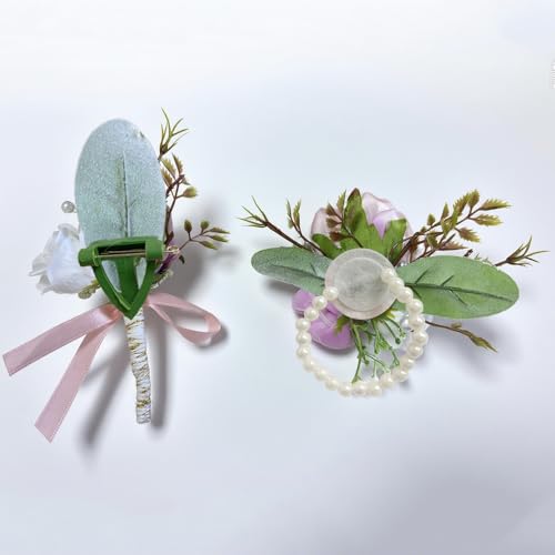 Rose Corsage and Boutonniere Set, 2PCS Handmade Artificial Flower Bride Wrist Corsage Wristlet Bracelets Wristband Men Boutonniere for Wedding Prom Suit Decorations (Pink) - color: Pink