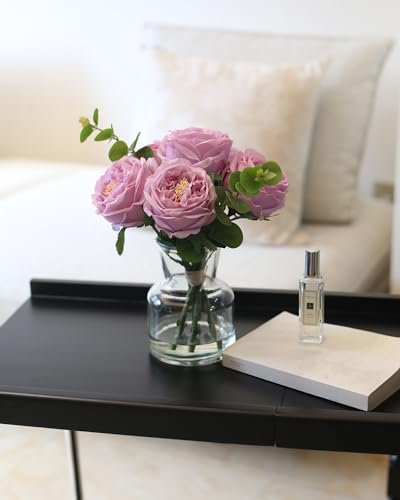 CHASMILE Artificial Flowers with Pinkish-Purple Peonies in Vase, Fix Lifelike Fake Flowers in a Vase with Artificial Water, Faux Flower Arrangements for Dining Table Centerpiece Decor - color: Purple Artificial Peonies Flowers With Vase