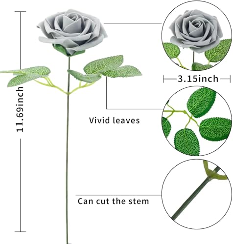 [25PCS] Grey Roses Artificial Flowers with Long Stem Real Touch Fake Foam Roses for Decoration DIY Wedding Bouquets Centerpieces Bridal Shower Mothers Day Party Flower Arrangements Home Decor - color: Grey