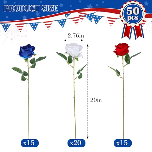 Hananona 50 Pcs Artificial Roses in Bulk, Fake Velvet Silk Roses Realistic Roses for 4th of July Wedding Centerpieces Independence Day Patriotic Flower Arrangement Home Decor (50, Red, White, Blue) - color: Red, White, Blue