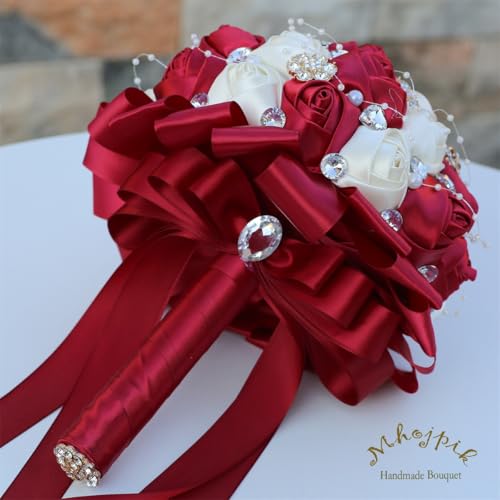 8.7" Dark Red & Ivory Bridal Wedding Bouquet Round Holding Bouquet Throw Toss Artificial Rose Flower Bunch for Bride Bridesmaid Wedding Quinceanera - color: Dark Red & Ivory, size: Medium (Dia. 8.7"/22cm)