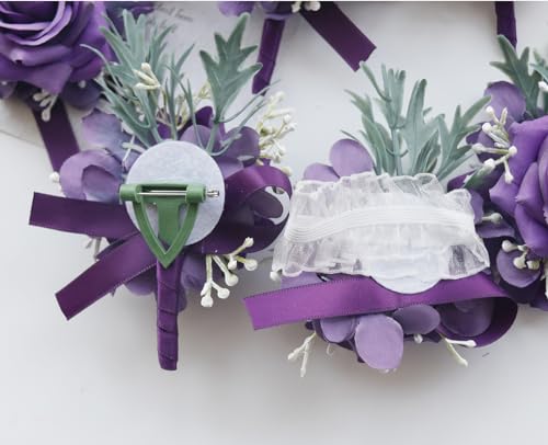 MAFELOE 2 Pieces Boutonniere Wrist Corsage Set, Artificial Rose Flowers Men Women Bride Groom Wedding Prom Party Suit Decor - Dark Purple