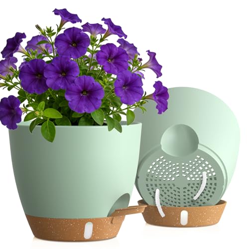 Self Watering Pots with Drainage Holes, 2 Pack 10 Inch Plant Pots with Water Level Indicator Deep Reservoir, Large Plastic Planter for Indoor Outdoor Plants - Green - color: Green Brown, size: 10 Inch 2 Pack