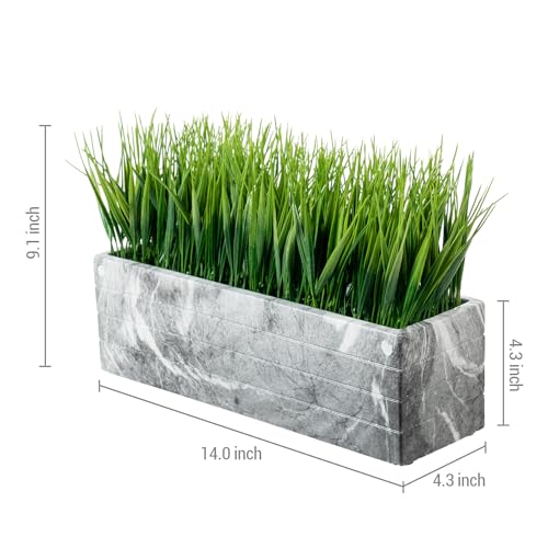 MyGift 14 Inch Artificial Green Grass Plant in Gray Marble Pattern Resin Ribbed Rectangle Planter, Faux Greenery Rectangular Cement Pot Centerpiece Home Décor - color: Gray Marble