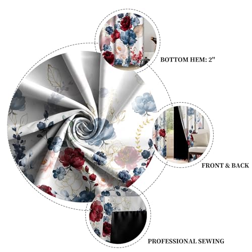Renaiss Floral Blackout Curtains Watercolor Gray Blue and Red Peony Flower Bloossom Thermal Insulated Window Drapes for Bedroom 42W x 63L inches 2 Panel Set Window Curtains for Living Room - color: Bold Red, size: 42"W x 63"L (Pack of 2)