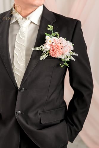 TingeTime Single Pocket Boutonniere for Man Groom, Best Man Boutonniere for Wedding Ceremony Anniversary, Formal Dinner Party and Rustic Spring Wedding Marriage(PeachPink&White) - color: Peachpink&white