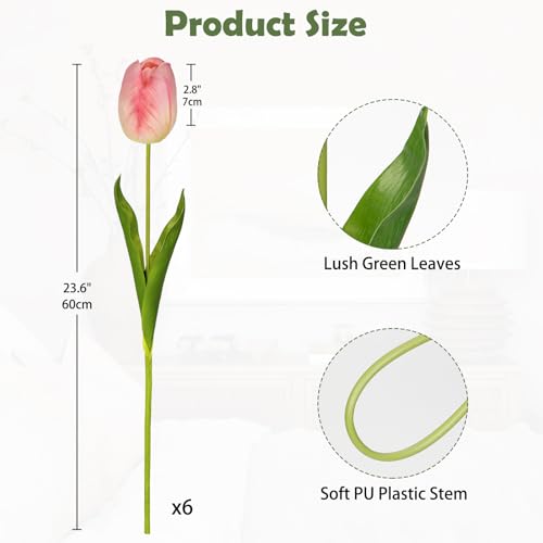 6PCS 23" Fake Tulip Flowers Artificial Pink Tulips Long Stem Faux Flower, Silk Flower Décor for Floral Arrangement Home Farmhouse Wedding Decoration - color: Pink