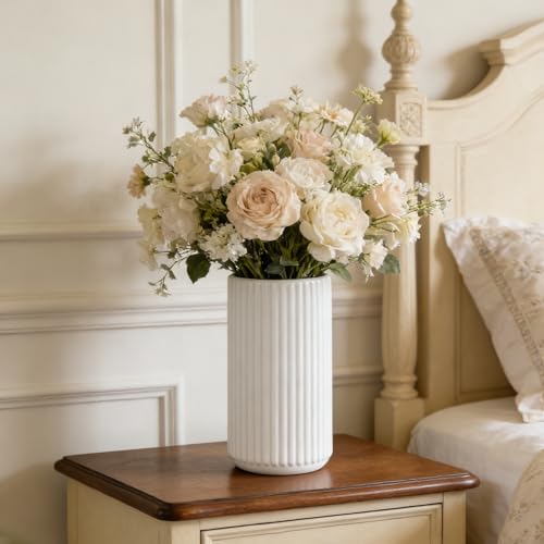 White Ceramic Flower Vase for Pampas Grass, 10 inch Large Decorative Centerpiece Ribbed Vase for Dining Table, Office Desktop, Shelf Bookshelf, Mantel, Entryway, Bathroom, Countertop, Farmhouse, Gift - color: Ceramic White, size: 10 inch
