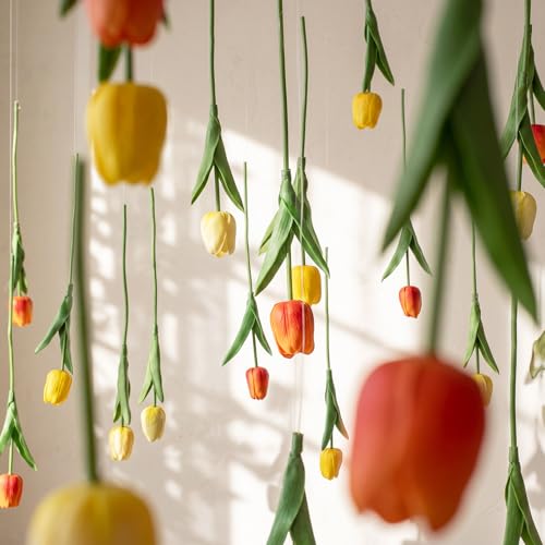 12 Pack Gradient Yellow 5 ft Artificial Tulips Hanging Flower Garland Decorations Spring Summer Dangling Faux Tulip Floral Vine Strings with Hooks for Wall Ceiling Wedding Tea Party - color: Gradient Yellow
