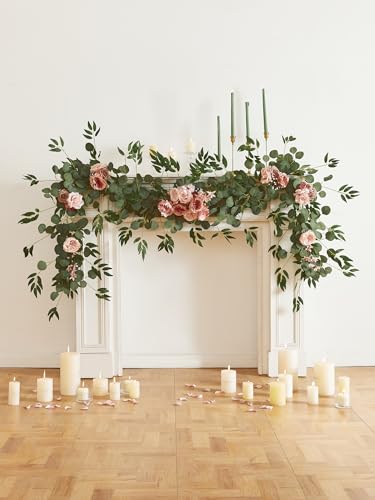 MISSPIN 8FT Eucalyptus and Willow Leaf Garland with Artificial Flowers Fake Flower Peony Rose Vine Greenery Decorative Wall Hanging Plant for Spring Wedding Arch Door Arrangement Party Decor - color: Dusty Cream