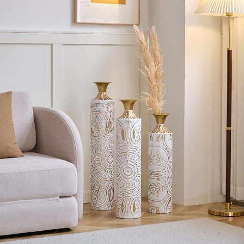 Floor Vases, Tall Home Decor Metal Vase Set of 3 Large Glazed Decorative Vases for Wedding Decor, Elegant Modern Flower Holder for Living Room, Entryway, Hallway - color: Ivory Vine Gold