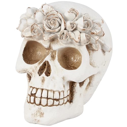 Primitives by Kathy Floral Skull Figurine - Romantic Halloween Resin Skull with Floral Crown and Metallic Bronze Accents