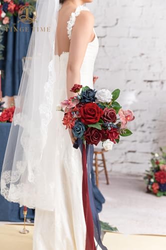 TINGE TIME 9 inch Bridal Bouquets for Bride, Artificial Silk Flowers Tossing Bouquet, Bride Bouquets for Wedding,Ceremony, Anniversary (Red&NavyBlue) - color: Red & Navy Blue