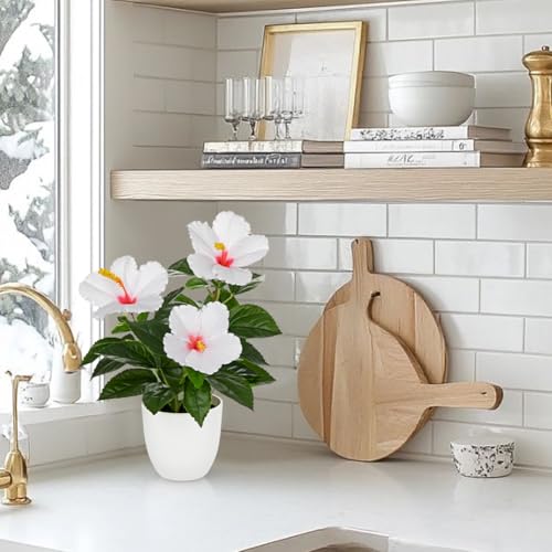 Briful Artificial Hibiscus Flowers in Pot, 14.5’’ Faux Hibiscus Plant, Spring Summer Flowers for Home Decor, Farmhouse Table Decor & Coffee Table Decor, Indoor Potted Fake Flower, White - color: White